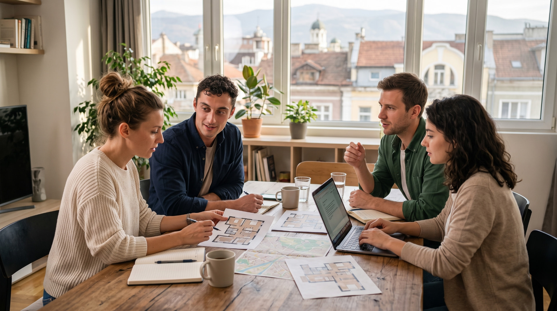 Four people planning an apartment search around a wooden table covered with floor plans, maps and notebooks