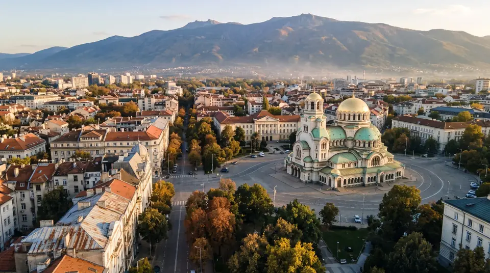 Panorama of Sofia with Alexander Nevsky Cathedral and Vitosha mountain behind