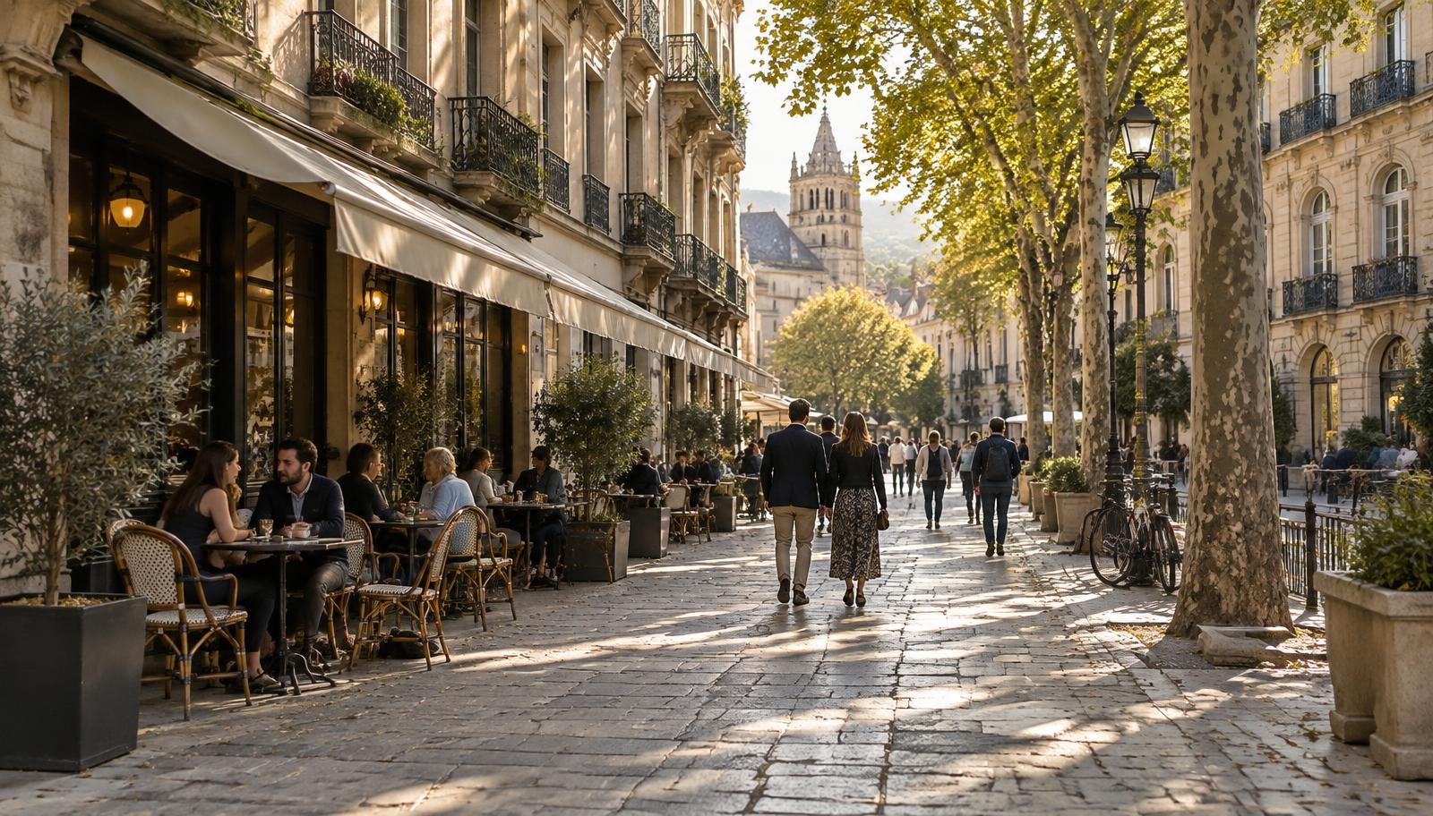Sunlit pedestrian street lined with restored facades, plane trees and café tables
