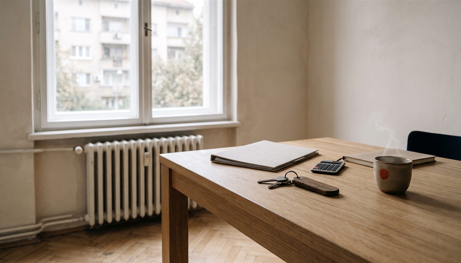 A wooden table in an empty apartment with keys, a folder, a calculator and a cup of coffee in front of a window and a radiator