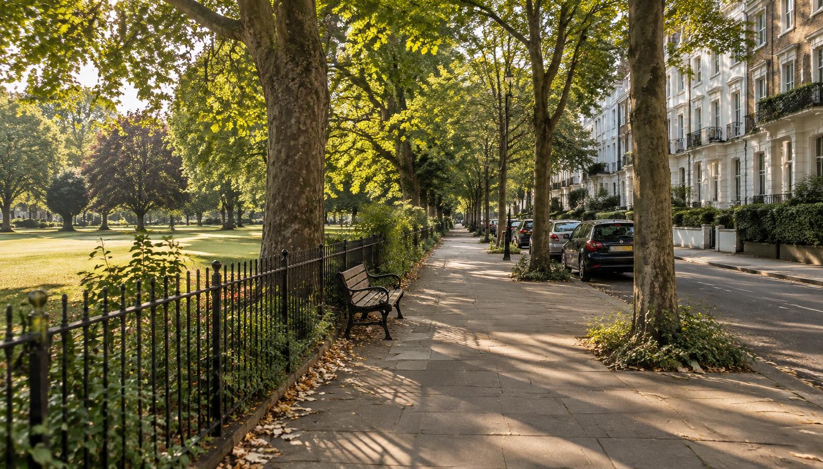 Tree-shaded pavement beside a park behind a low iron railing, with apartment buildings across the road