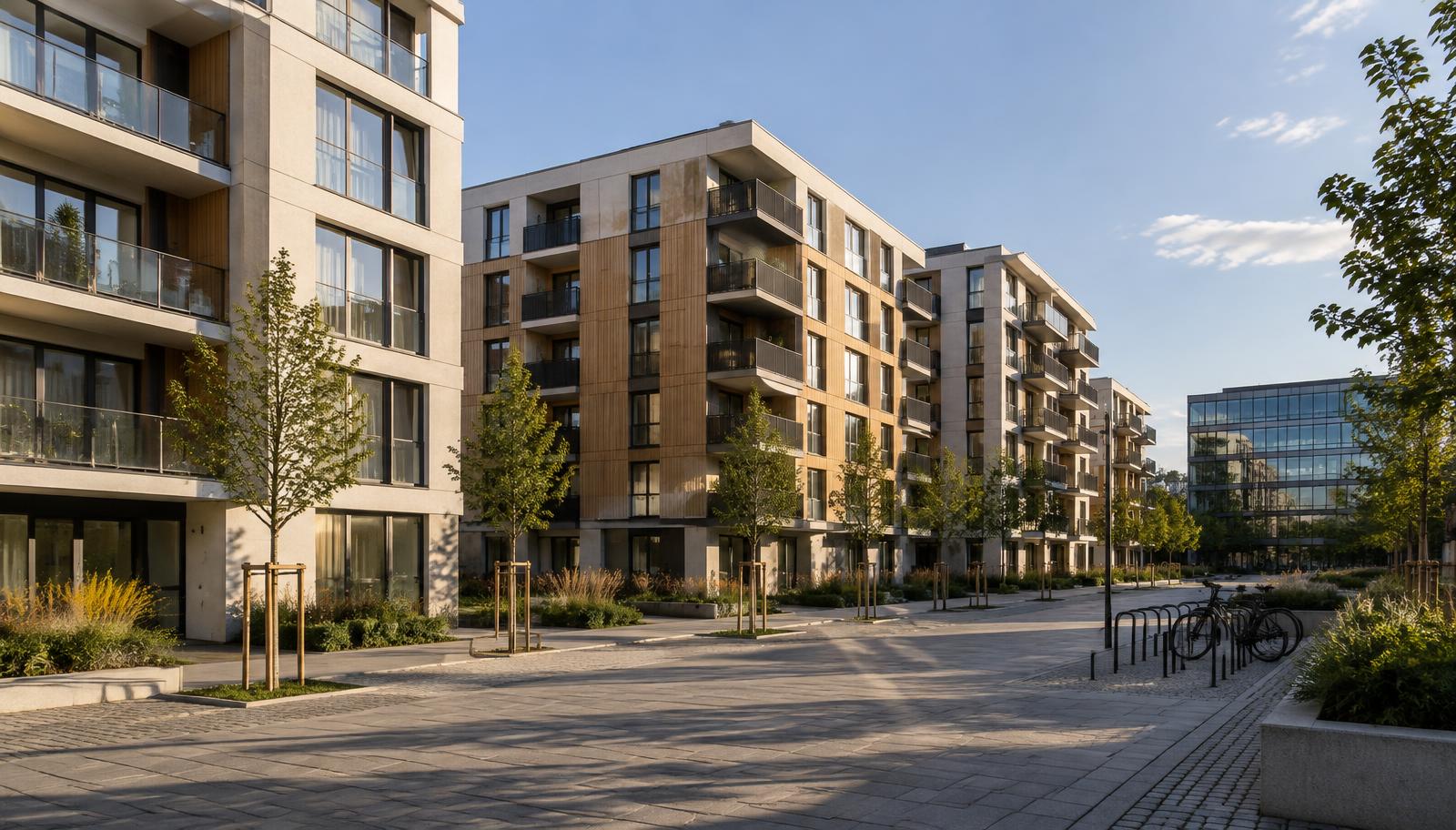 Modern mid-rise apartment buildings fronting a paved plaza with young trees and bicycle racks