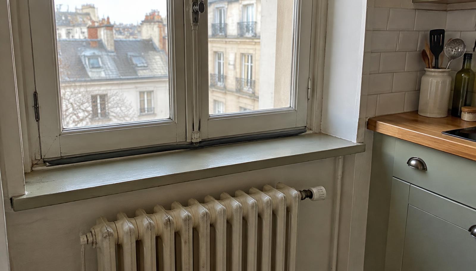 A wooden-framed window above a painted cast-iron radiator in the corner of an apartment kitchen
