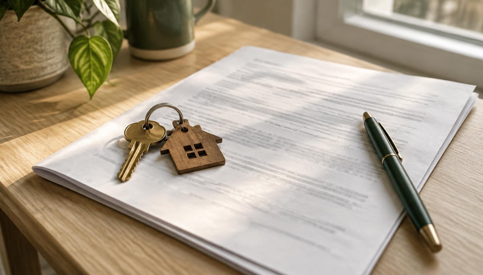 Apartment keys on a wooden fob resting on a folded rental agreement beside a pen