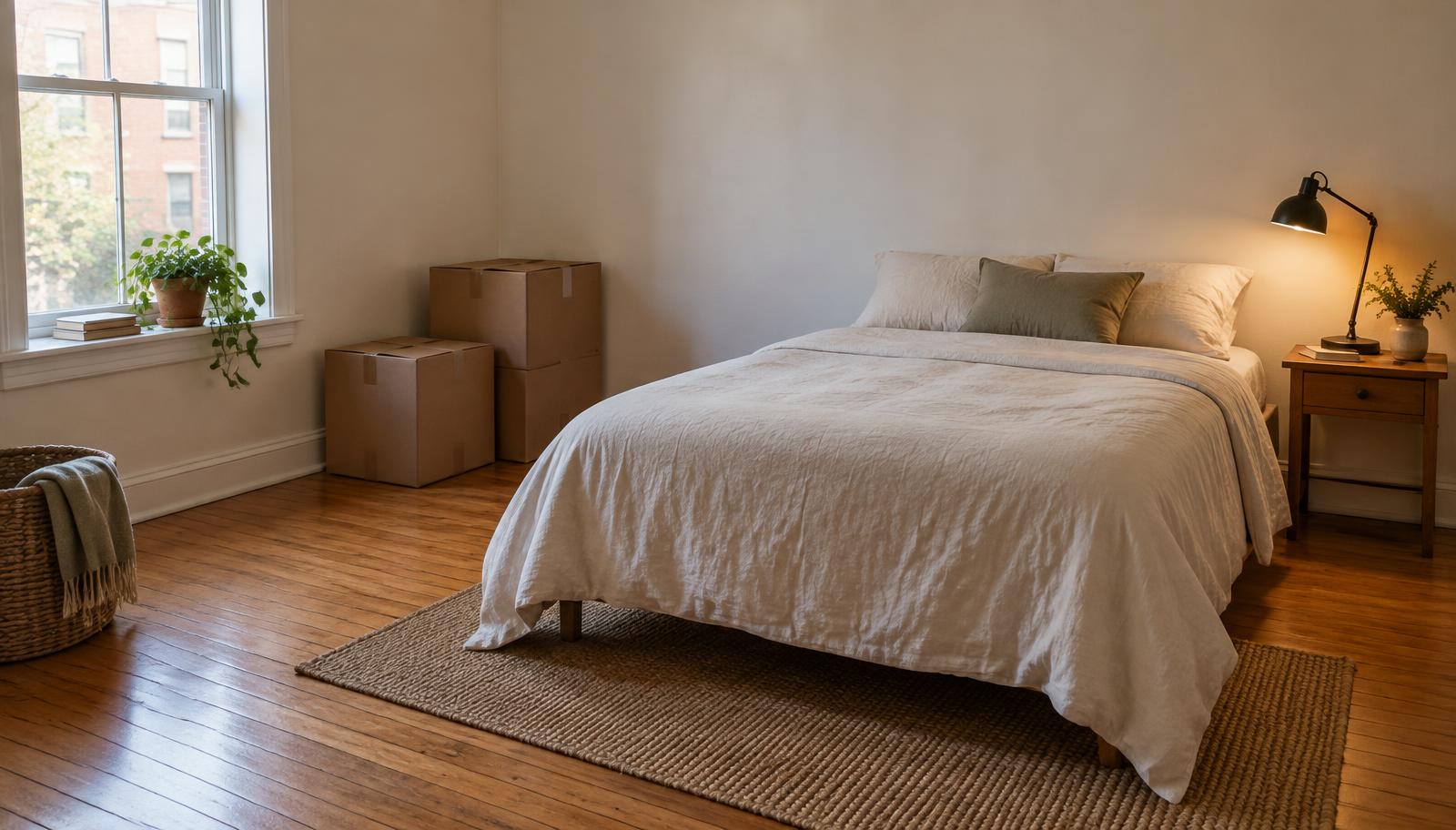 A simply furnished bedroom with a made bed, a bedside lamp and two cardboard moving boxes by the wall