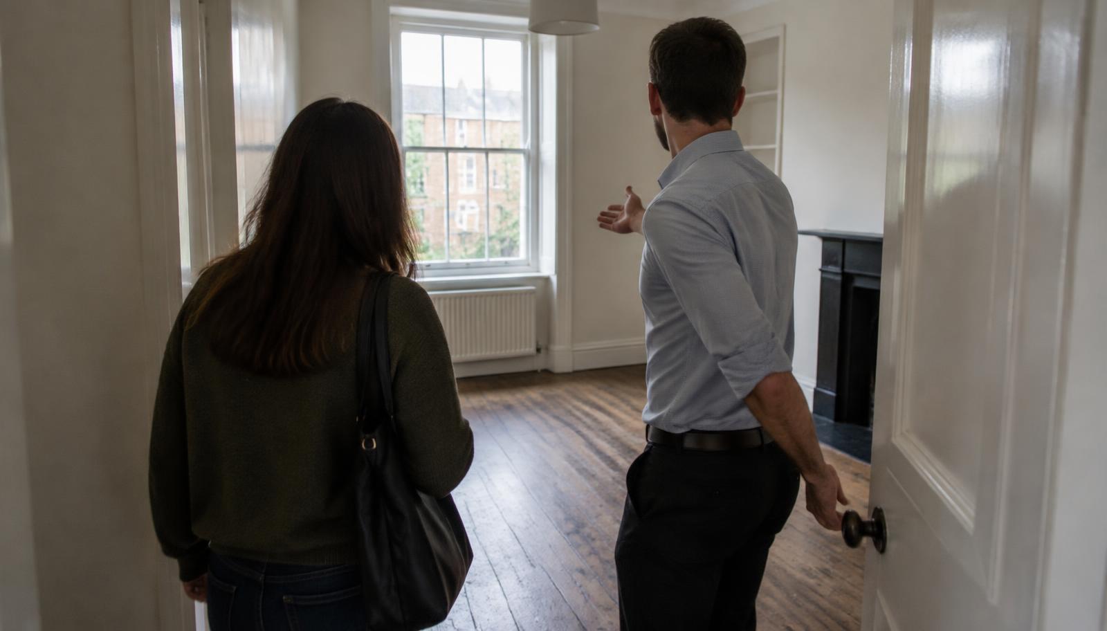 A letting agent opening a door and gesturing to a room while a prospective renter looks around during a viewing