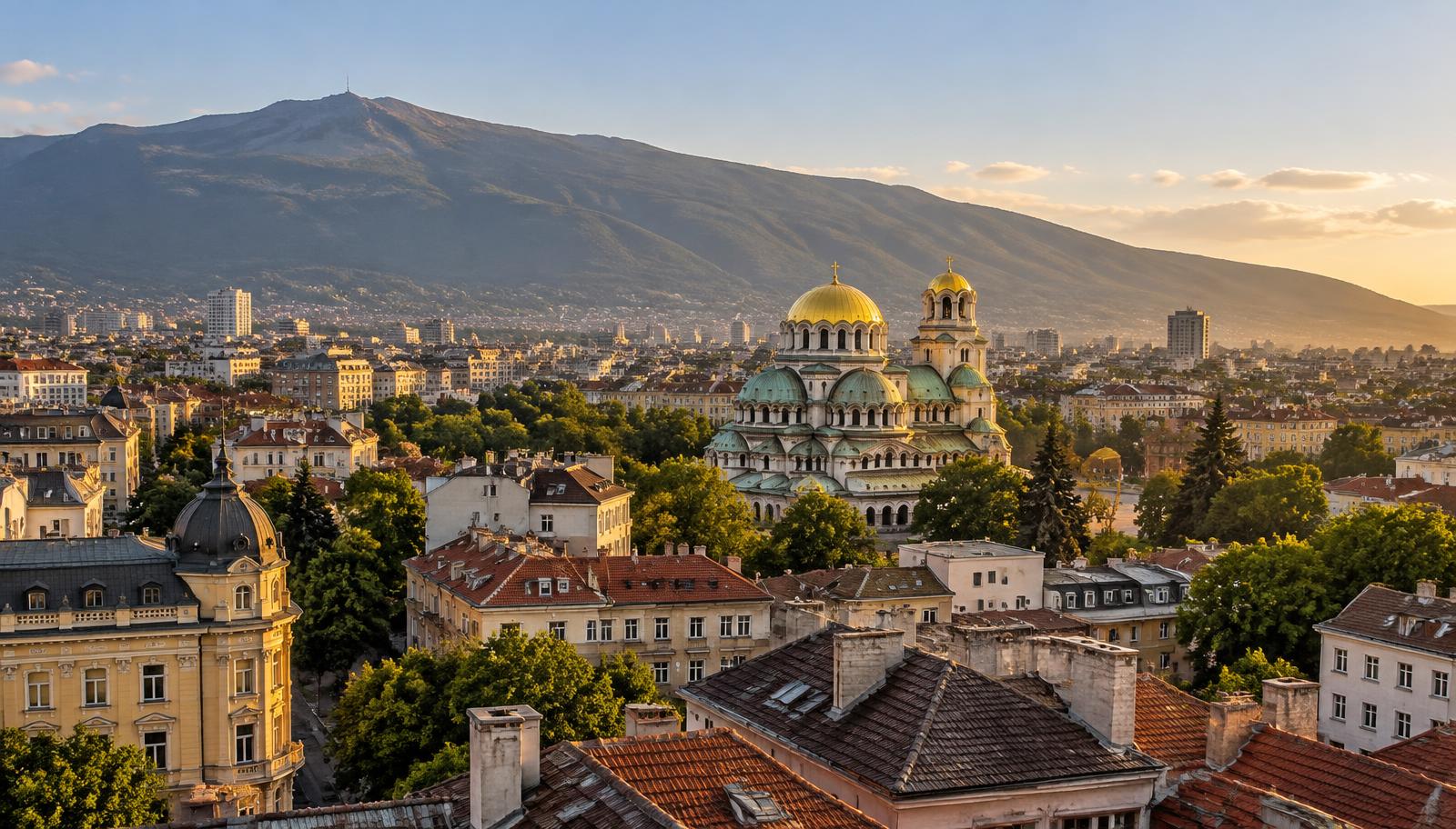 Golden-hour view over rooftops and a golden-domed cathedral towards a forested mountain ridge
