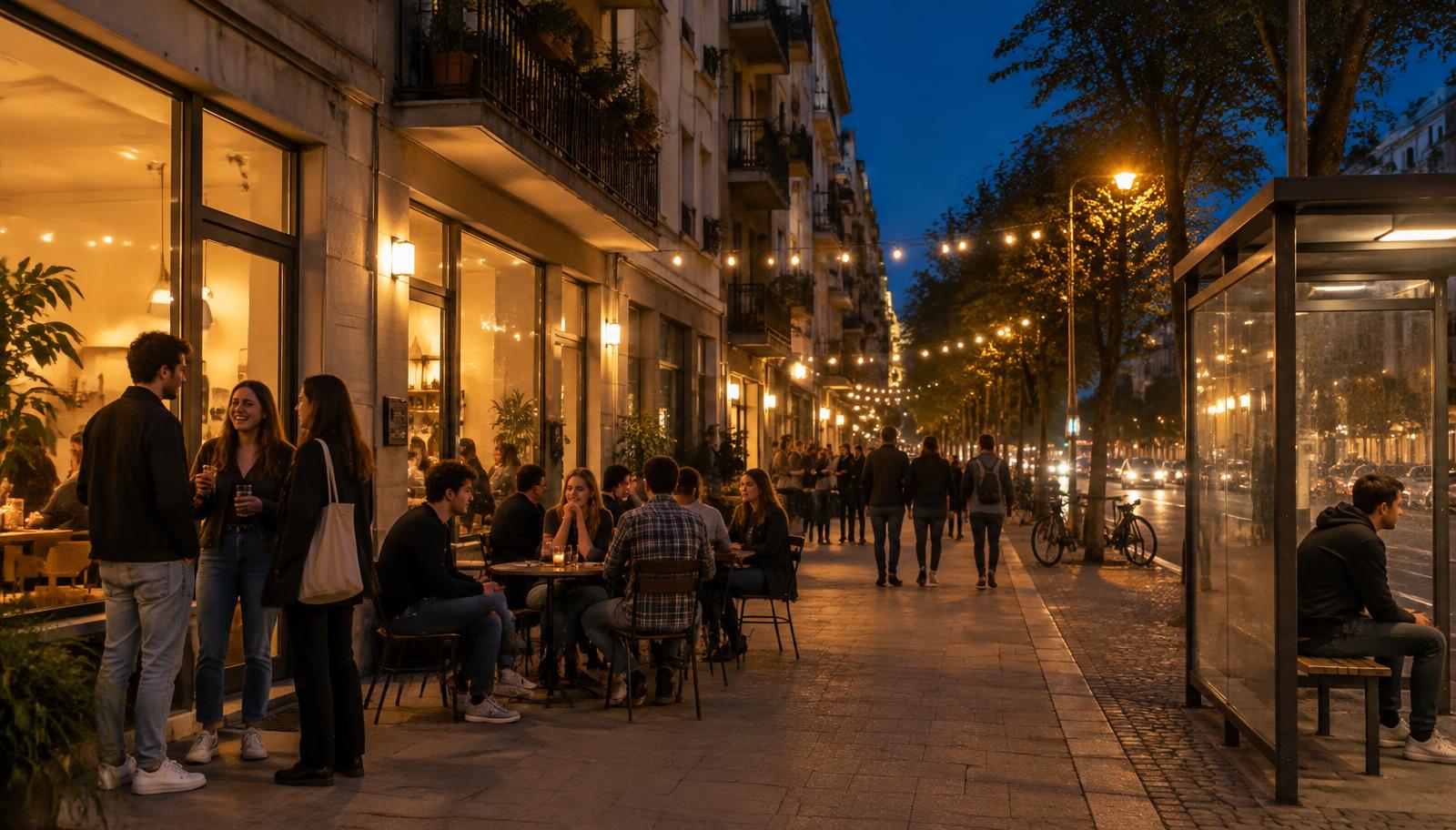 Evening street lit by warm shopfront windows and strings of bulbs, with people seated at café tables