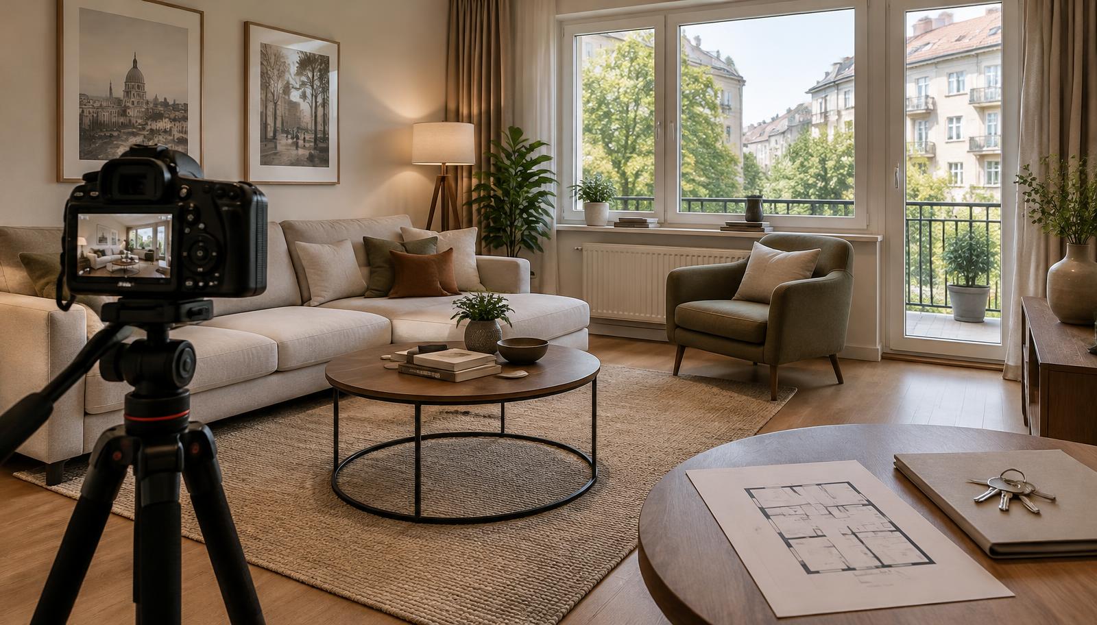 A camera on a tripod photographing a staged living room, with a floor plan and keys on a table