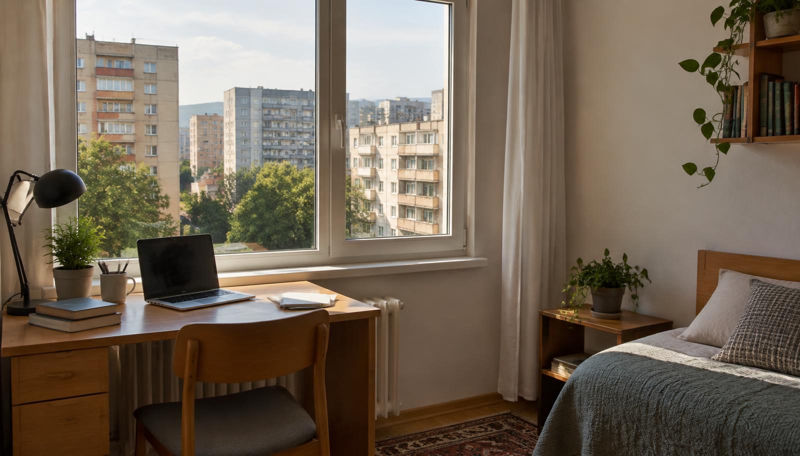 A study desk with a laptop by a window overlooking apartment blocks and trees
